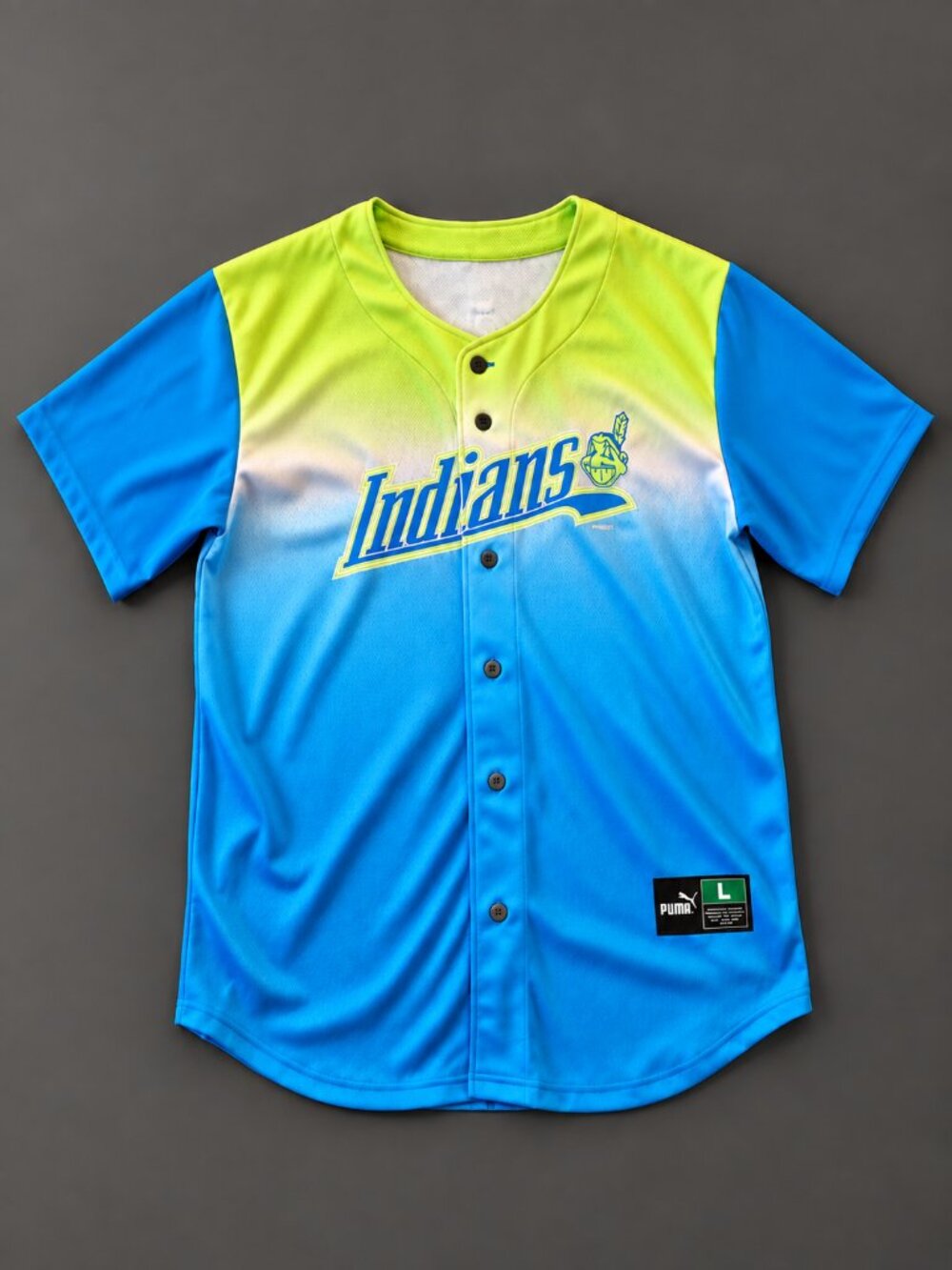 Vintage 2001 Puma Cleveland Indians MLB Jersey Gradient Blue Green L